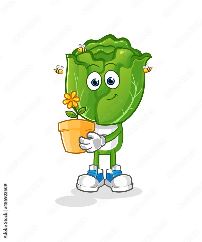 cabbage head cartoon with a flower pot. character vector