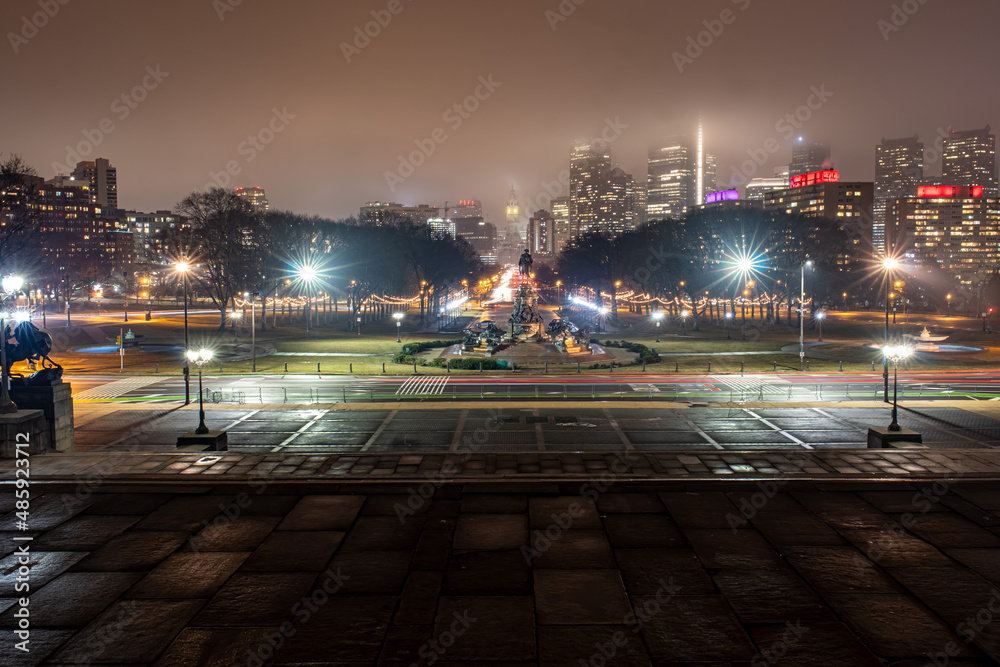 Downtown Philadelphia at night, during the rain, from the view of the steps of the Philadelphia Museum of Art