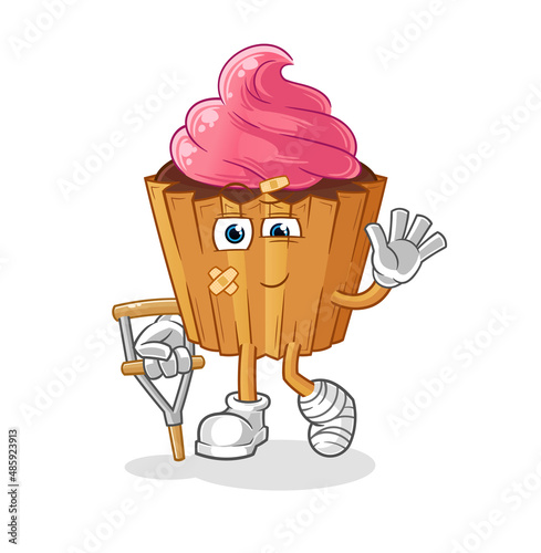 cupcake sick with limping stick. cartoon mascot vector