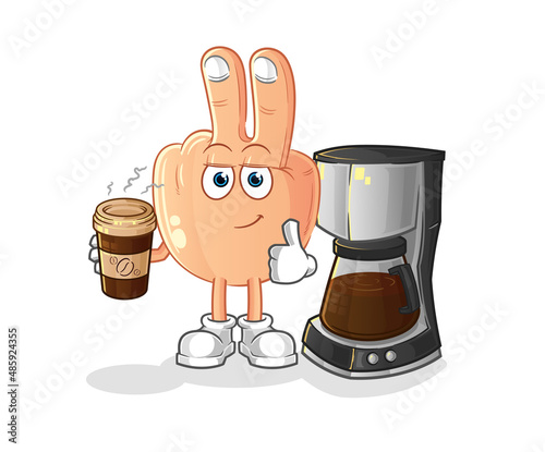 peace finger head cartoon drinking coffee illustration. character vector