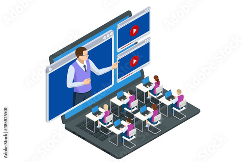 Isometric concept of distance school learning. E-learning, online education at home. Digital classroom online education