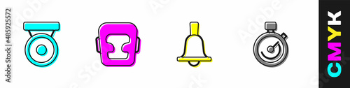 Set Boxing gong, helmet, bell and Stopwatch icon. Vector