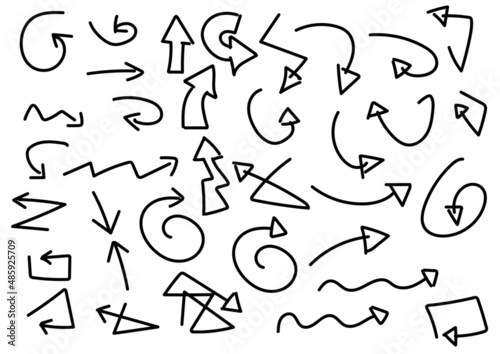 Set of different black, hand drawn, comic-stile arrows. Icons. Vector illustration.