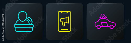 Set line Speaker, Police car and flasher and Protest. Black square button. Vector