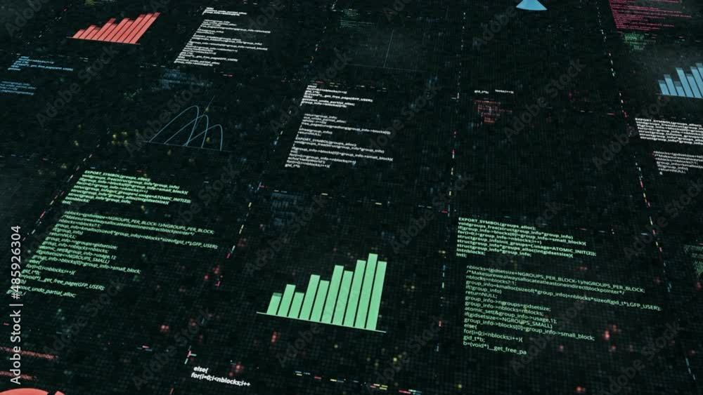 Digital cyberspace with data analysis process, high tech concept. Animation. Blocks of endlessly written program code, seamless loop.