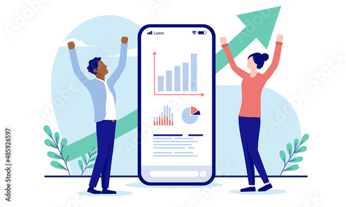 Happy with business results - Two people cheering and celebrating business success in front of phone with positive chart and rising arrow. Business success concept, vector illustration