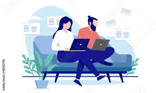Couple working in sofa - Man and woman sitting with computers doing work at home. Flat design vector illustration with white background