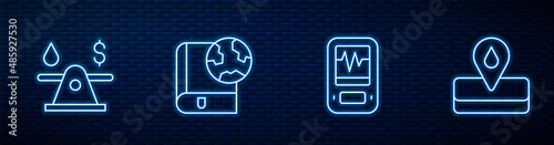 Set line Seismograph, Oil money, Earth globe and book and Oilfield. Glowing neon icon on brick wall. Vector