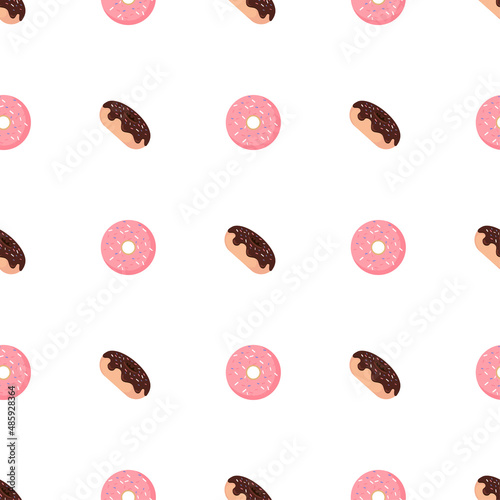 Pink flat donuts on white background.3d donut pattern for print design. Vector illustration print