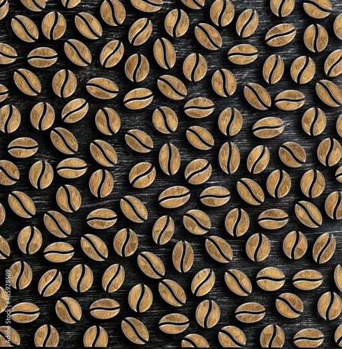 many roasted coffee beans on a wooden background illustration