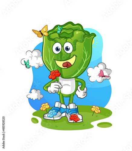 cabbage head cartoon pick flowers in spring. character vector