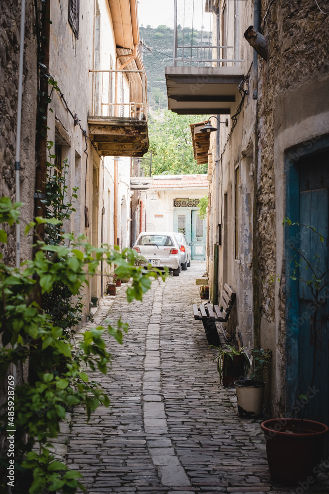 Cozy narrow street in the village of Pano Lefkara. Larnaca District, Cyprus.