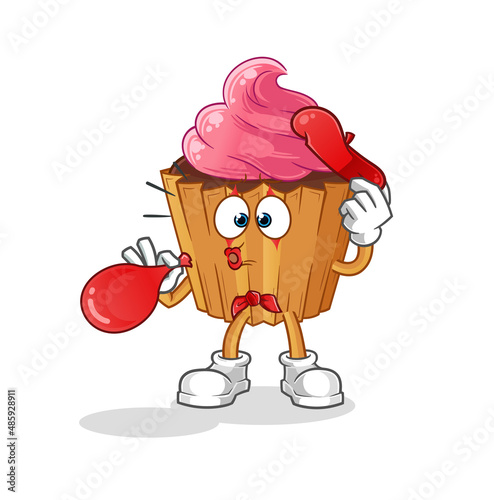 cupcake pantomime blowing balloon. cartoon mascot vector