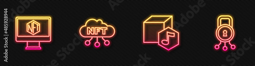 Set line NFT Digital crypto art, Monitor with store app, cloud and Cyber security. Glowing neon icon. Vector