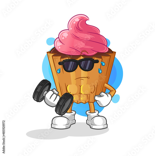 cupcake lifting dumbbell vector. cartoon character