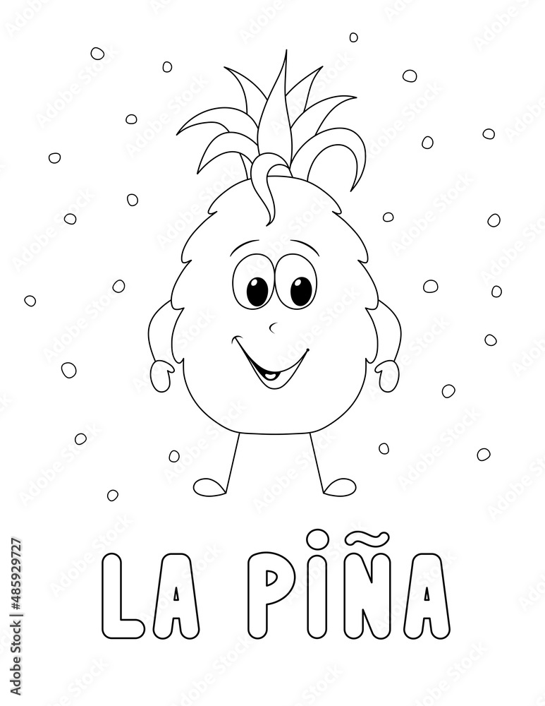 pineapple in spanish, cute cartoon fruit coloring page for kids. you
