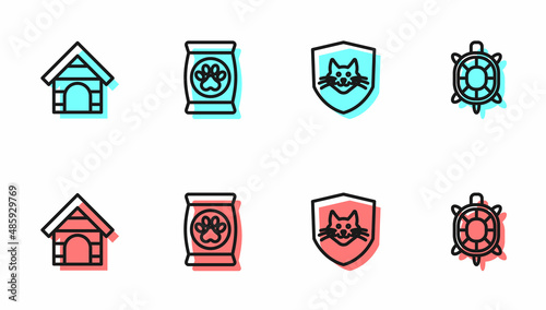 Set line Animal health insurance, Dog house, Bag of food for pet and Turtle icon. Vector