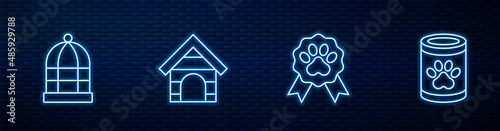 Set line Pet award symbol, Cage for birds, Dog house and Canned food. Glowing neon icon on brick wall. Vector