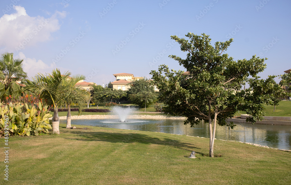 New Cairo, Egypt - 11.21.2021: Beautiful green meadow, garden and lake at Madinaty compound, luxury living at villa with nature