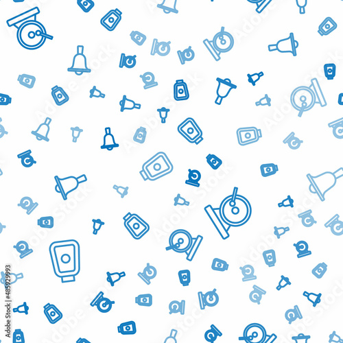 Set line Boxing training paws, gong and bell on seamless pattern. Vector