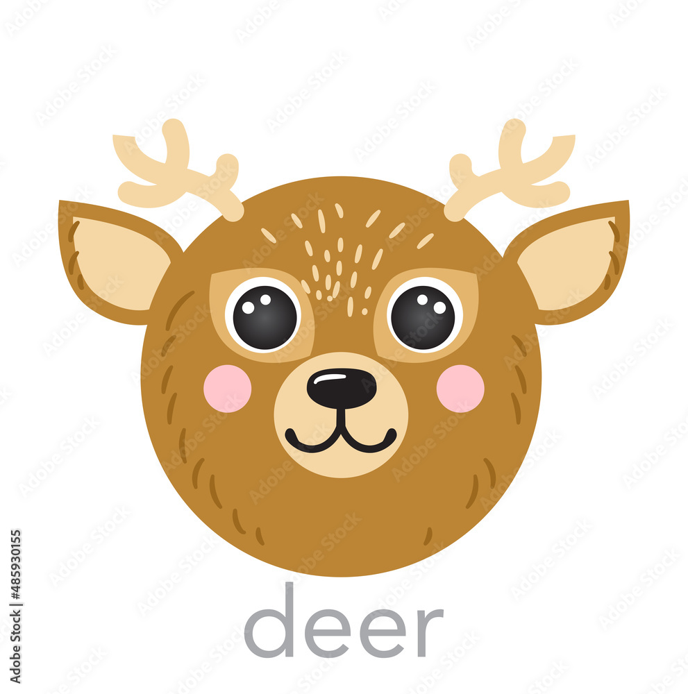 Deer Cute portrait with name text smile head cartoon round shape animal face, isolated avatar vector icon illustrations. Flat simple hand drawn for kids poster, ui app, t-shirts, baby clothes