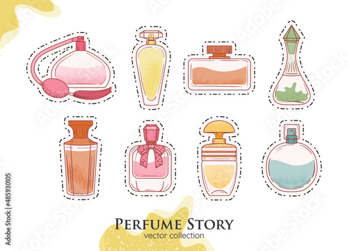 Classic Perfume illustrations. Glamour fragrances icons. Sticker set of woman perfume bottles. 