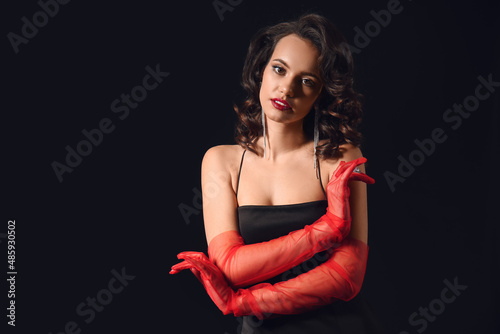 Elegant woman wearing red g...