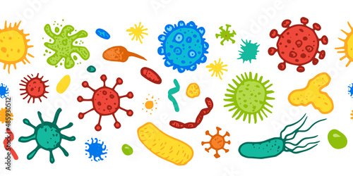 seamless pattern of multicolored microbes and bacteria. a long seamless strip in a flat style.banner pattern in the style of hand-drawn doodles, a double bacterium of bright yellow, blue and green col