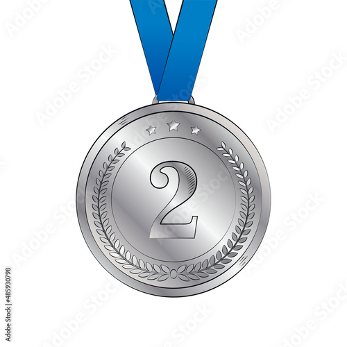 Second place silver medal with blue ribbon on a white background