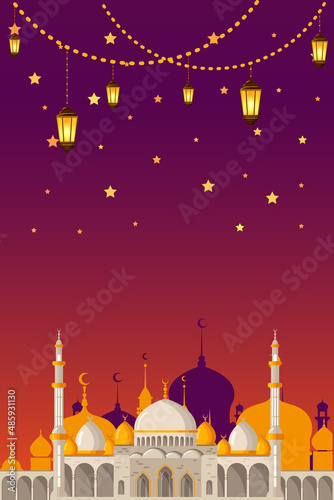 Ramadan Kareem greeting card layout with mosque, minarets, arabic shining lamps, and ornamental decor.