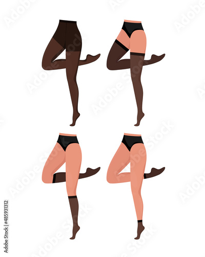 Cartoon flat legs template on white background. Different color tights. Cross-legged legs of girl. Beauty logo