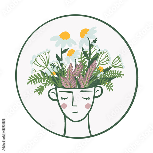 Hand drawn flowers in head. Self education, study, knowledge, improvement, mental health concept. Abstract face with flowers vector drawing. Botanical print. Nature symbol of cosmetics. Fashion print
