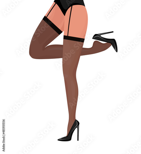 Cartoon flat legs template on white background. Cross-legged legs of girl in high-heeled black shoes. Beauty logo