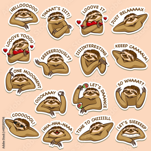 A set of different popular emotions of a cartoon sloth. Stickers with funny inscriptions. White outline and transparent shadow. Vector illustration.