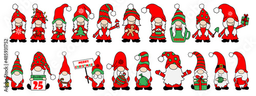 Set of 20 Christmas little gnomes on a white background. Merry Christmas Postcard with gnomes. Winter holiday vector illustration. New year Doodle cartoon style. Cute gnomes in santa hats
