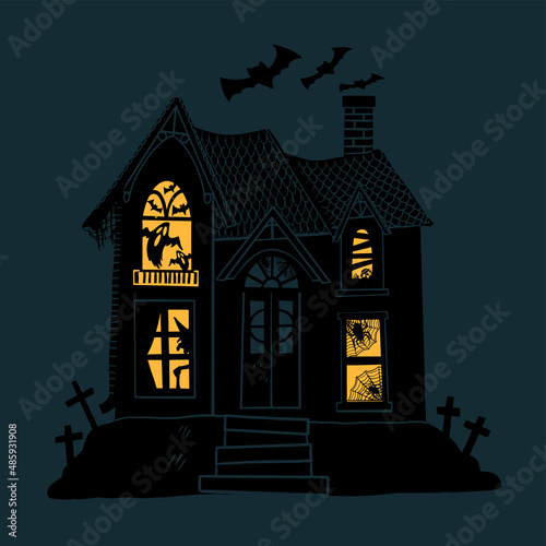Vector Halloween house silhouette with ghosts, spiders, witch, zombie. Spooky house of scary beasts on colored background