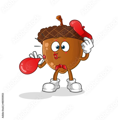 acorn head cartoon pantomime blowing balloon. cartoon vector