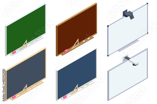 Isometric realistic chalk boards isolated on white background. Realistic blank green and black chalkboard in wooden frame