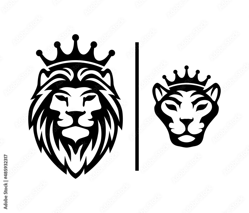 Lion and lioness. Vector head, muzzle of animals. Logo, sign, symbol. WC icon set. Toilet sign collection for public navigation. International restroom symbol. Lion and lioness. Vector head, muzzle of animals. Logo, sign, symbol. WC icon set. Toilet sign collection for public navigation. International restroom symbol.