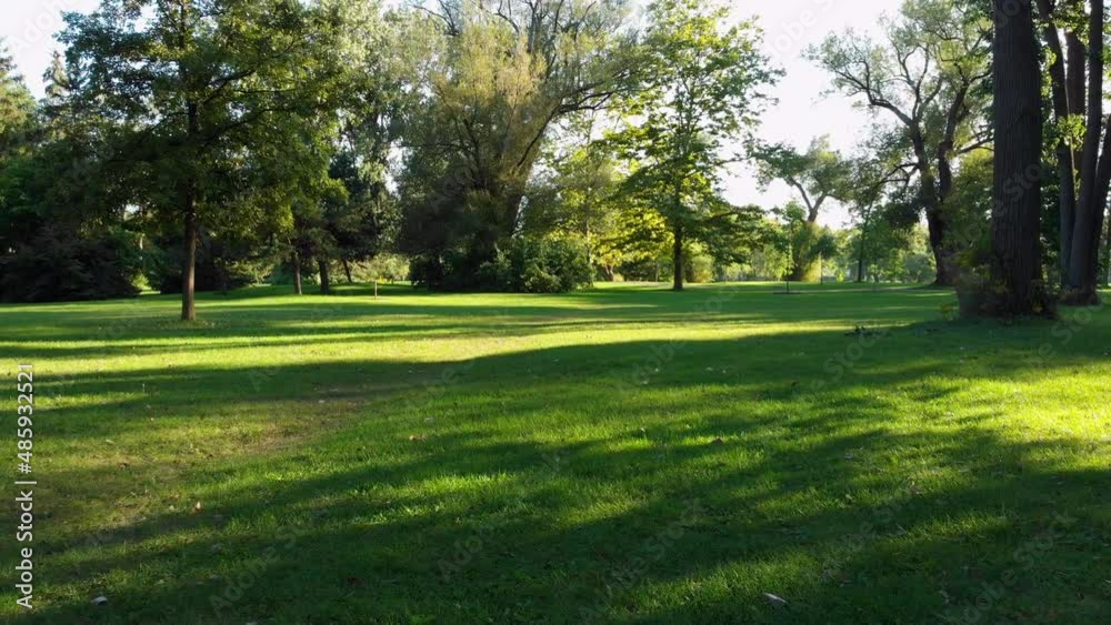 Moody POV shot, flying low over green grass at an empty park on a beautiful summer day, tranquil scene, nature background. Moody POV shot, flying low over green grass at an empty park on a beautiful summer day, tranquil scene, nature background.