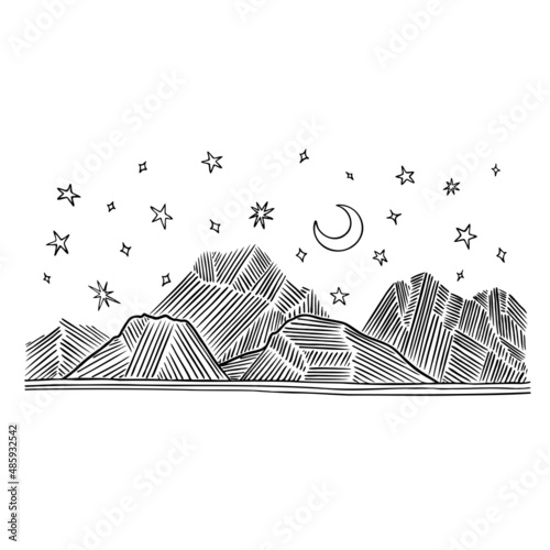 Abstract graphic mountains, stars, moon with lake reflection. Hand drawnlake Tahoe in California. Vector illustration. Perfect for badges, emblems, patches, t-shirts, etc.