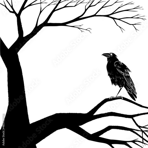 Hand drawn enchanted tree silhouette and crow. Vector halloween black and white frame