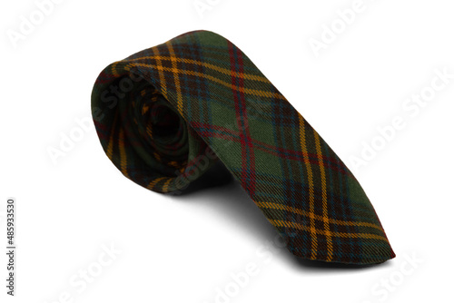 Product photo of a green plaid men's tie rolled up. 