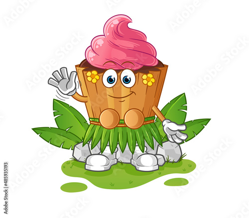 cupcake hawaiian waving character. cartoon mascot vector