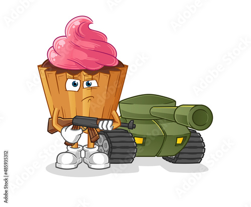 cupcake soldier with tank character. cartoon mascot vector