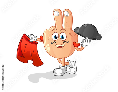 peace finger head cartoon matador with red cloth illustration. character vector