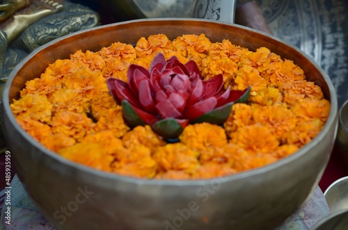 Tibetan bowl with Marigold and Lotus flower