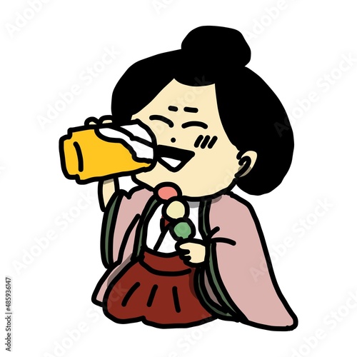 三食団子を片手に、ビールを飲む三人官女のイラスト。