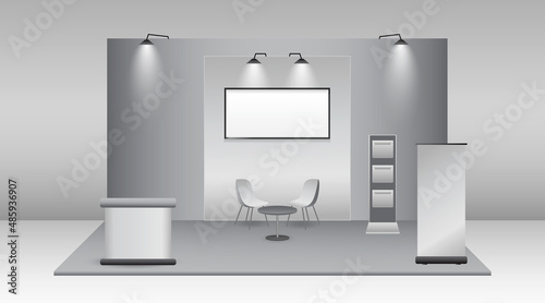 set of realistic trade exhibition stand or white blank exhibition kiosk or stand booth corporate commercial. eps vector