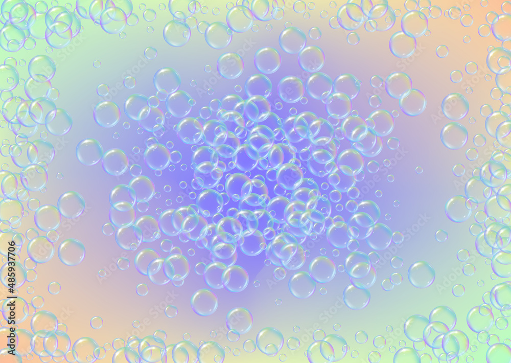Bubble background with shampoo foam and detergent soap. Aqua 3d vector illustration invite. Blue fizz and splash. Realistic water frame and border. colorful liquid bubble background.